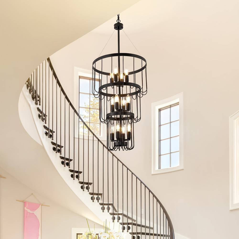 12-Light Farmhouse Staircase Chandelier Black Seus Lighting