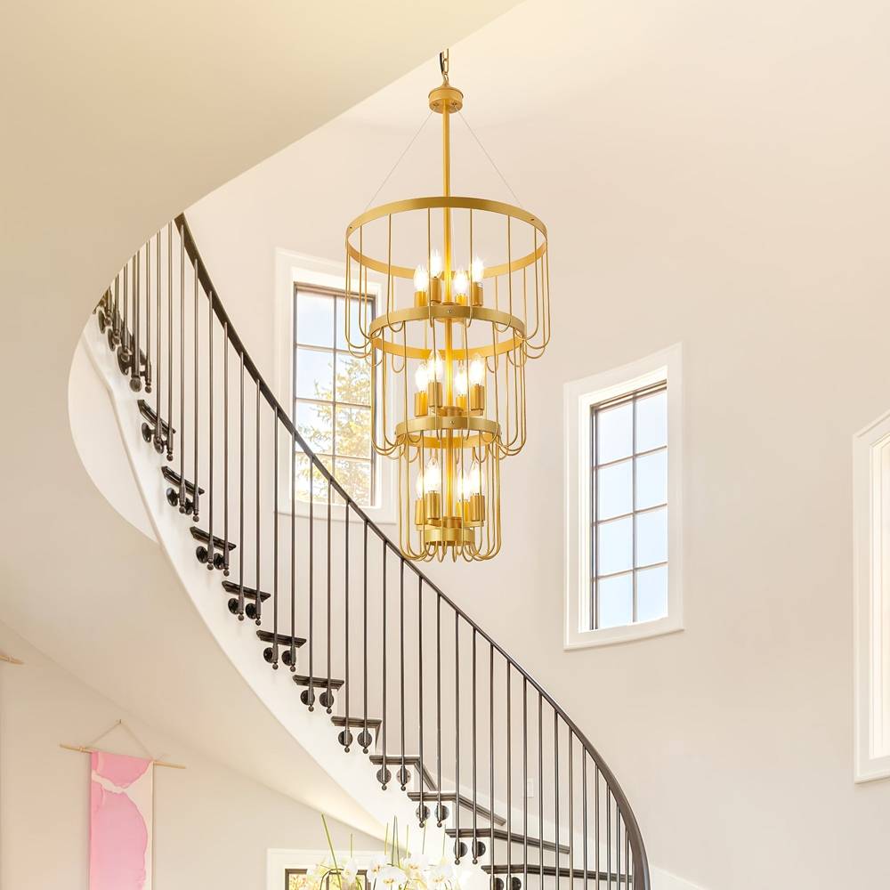 12-Light Farmhouse Staircase Chandelier Gold Seus Lighting
