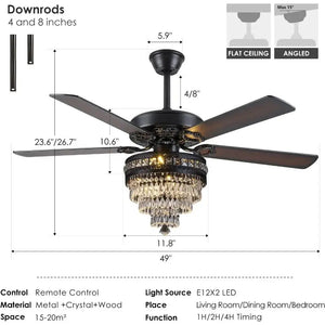 5-Blade Remote Control Crystal Ceiling Fan with Lights Seus Lighting