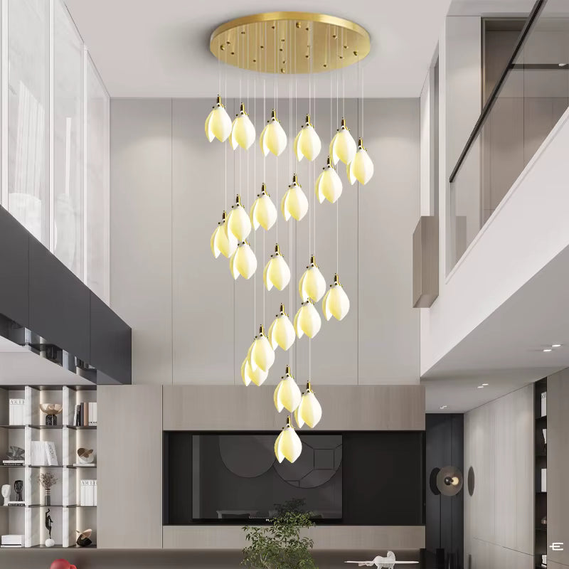 Ceramic Magnolia Staircase Chandelier 6/9/18/36 Lights Seus Lighting
