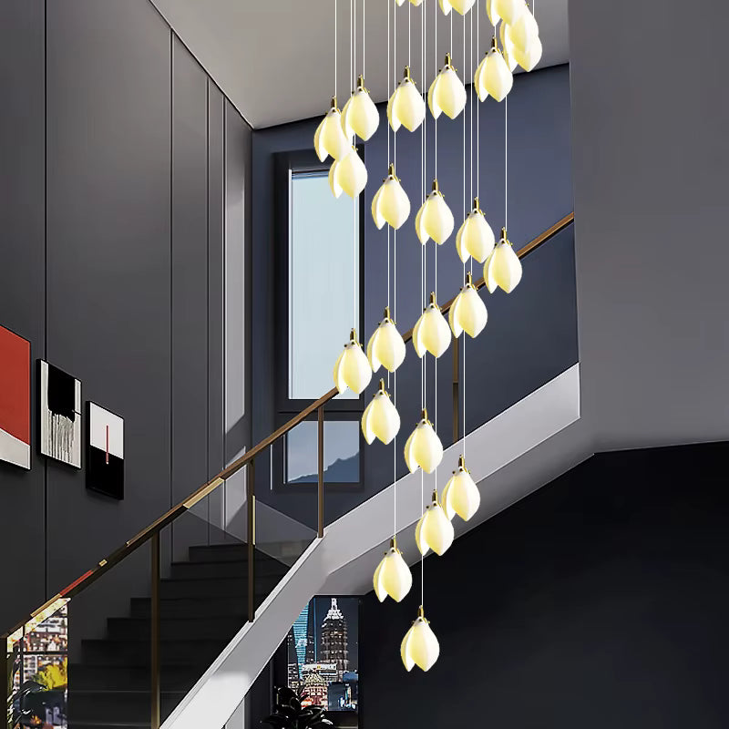 Ceramic Magnolia Staircase Chandelier 6/9/18/36 Lights Seus Lighting