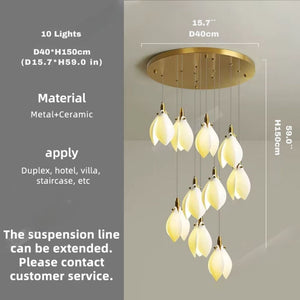 Ceramic Magnolia Staircase Chandelier 6/9/18/36 Lights Seus Lighting