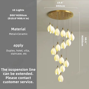 Ceramic Magnolia Staircase Chandelier 6/9/18/36 Lights Seus Lighting