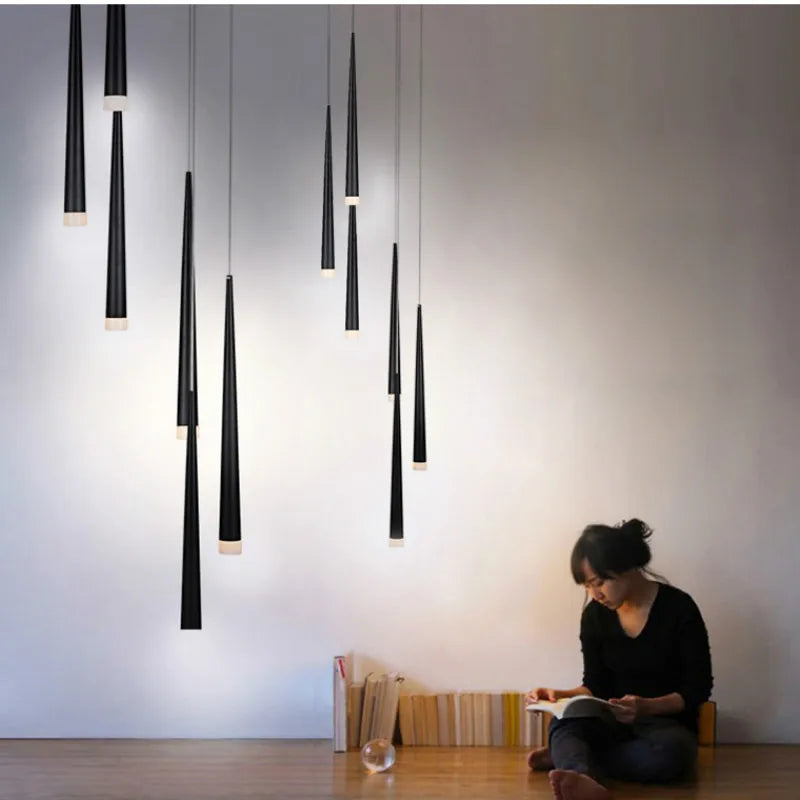 Contemporary Black LED Pendant Light for Stairwell - 6 Lights / Warm White - Chandeliers