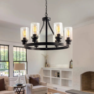 Jeshi 6-Lights Black Iron Wagon Wheel Chandelier Seus Lighting