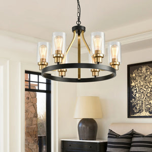 Jeshi 6-Lights Black Iron Wagon Wheel Chandelier Seus Lighting