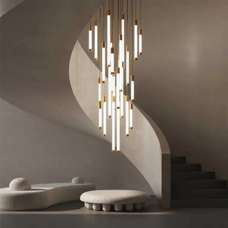 Kate Modern Gold Tube LED Staircase Chandelier Seus Lighting
