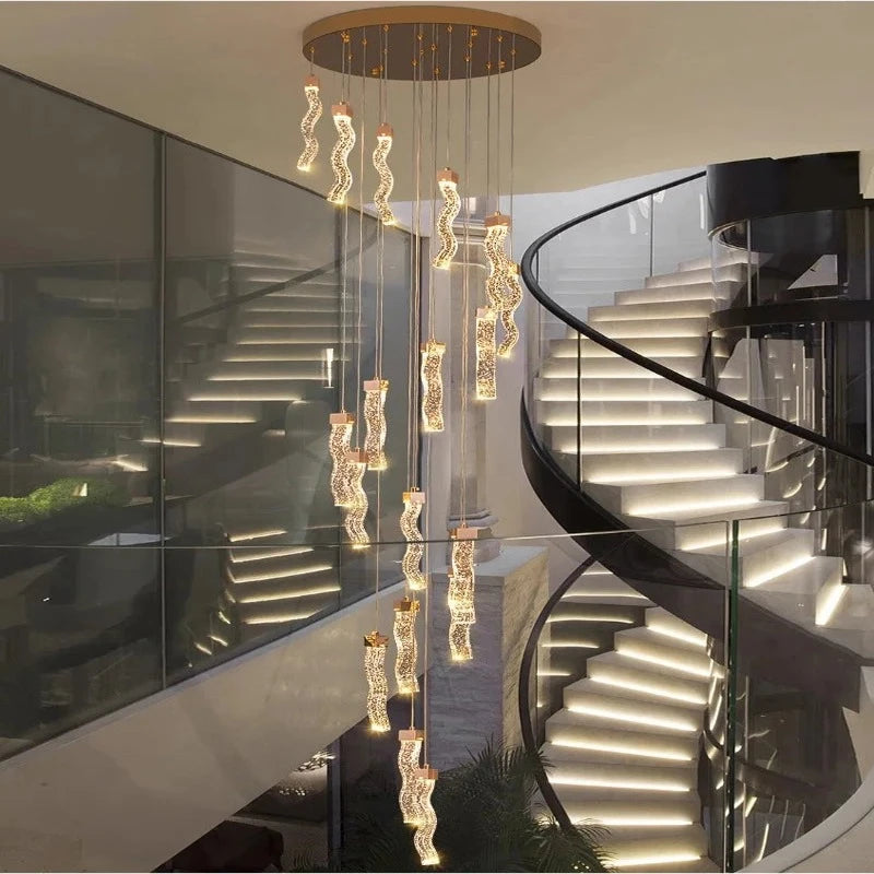 Modern Gold Long Crystal Hanging Light Fixture for Staircase  Seus Lighting