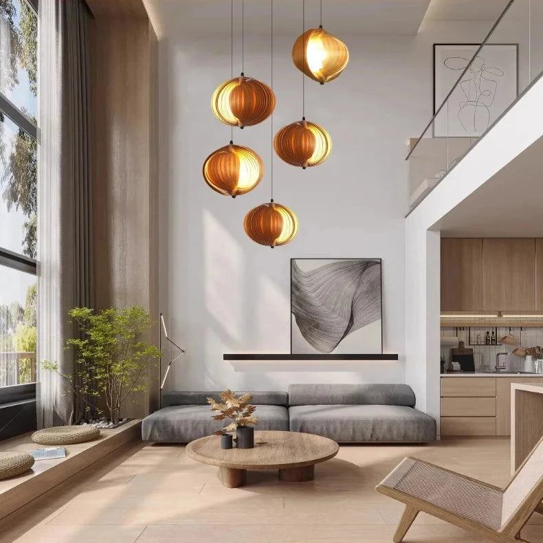 Nia Wood Staircase Chandelier – Modern Foyer Light – Seus Lighting