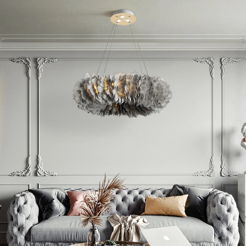 Round Feather Chandelier White Pink Gray Yellow Gray Medium Warm Light 3000K