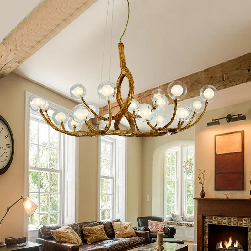 Rustic Farmhouse Branch Chandelier with Glass Orbs Seus Lighting