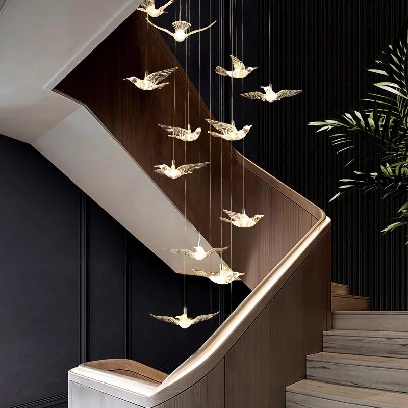 Bird Spiral Long LED Chandelier for Staircase and Foyer 6 Lights Gold Cool Light