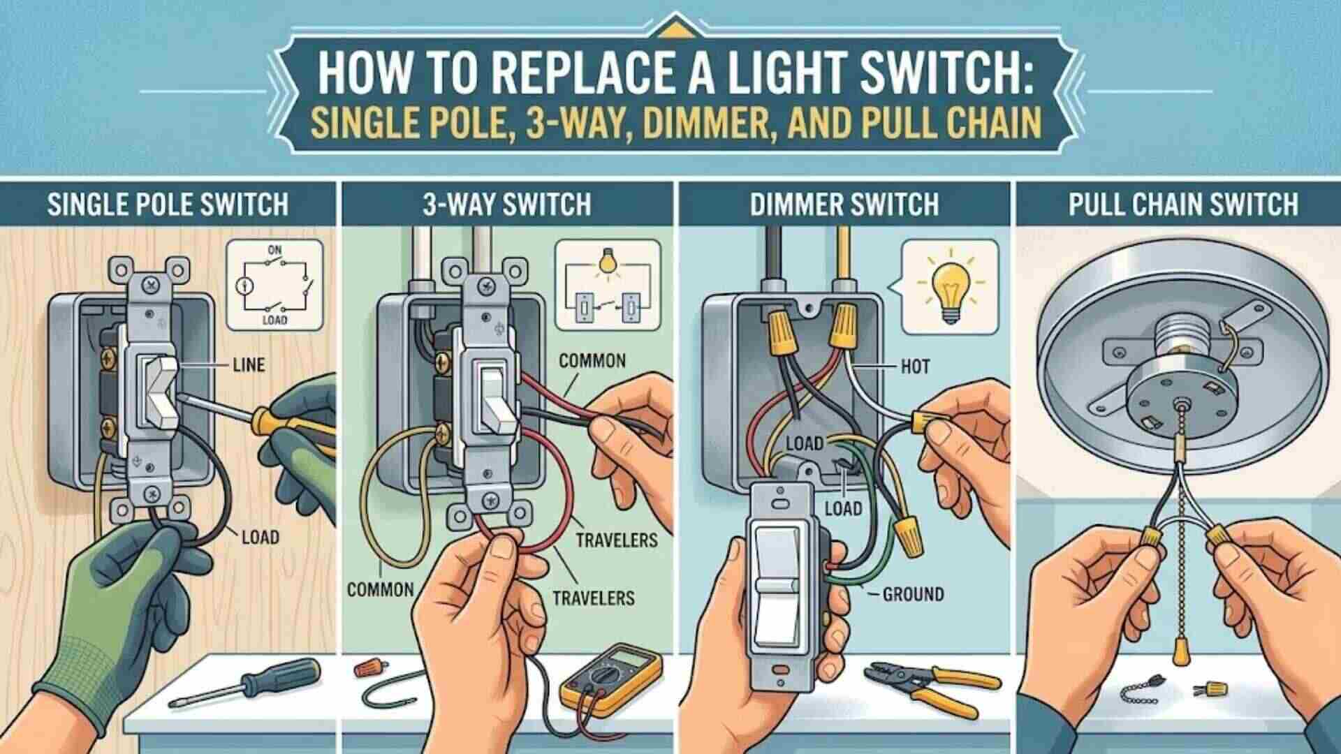 How to Replace a Light Switch: Single Pole, 3-Way, Dimmer and Pull Chain