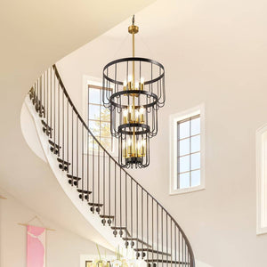 12-Light Farmhouse Staircase Chandelier Black-Gold Seus Lighting