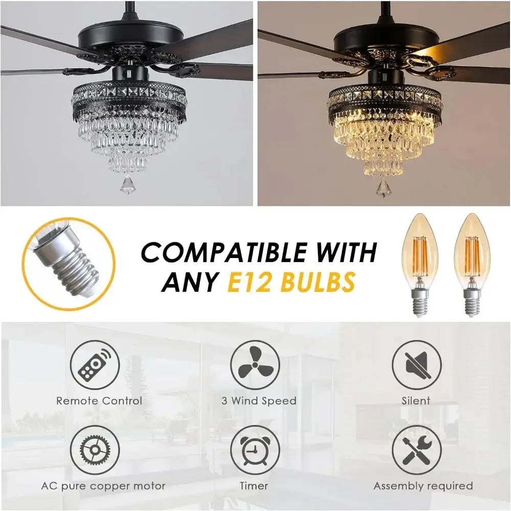 5-Blade Remote Control Crystal Ceiling Fan with Lights  Seus Lighting