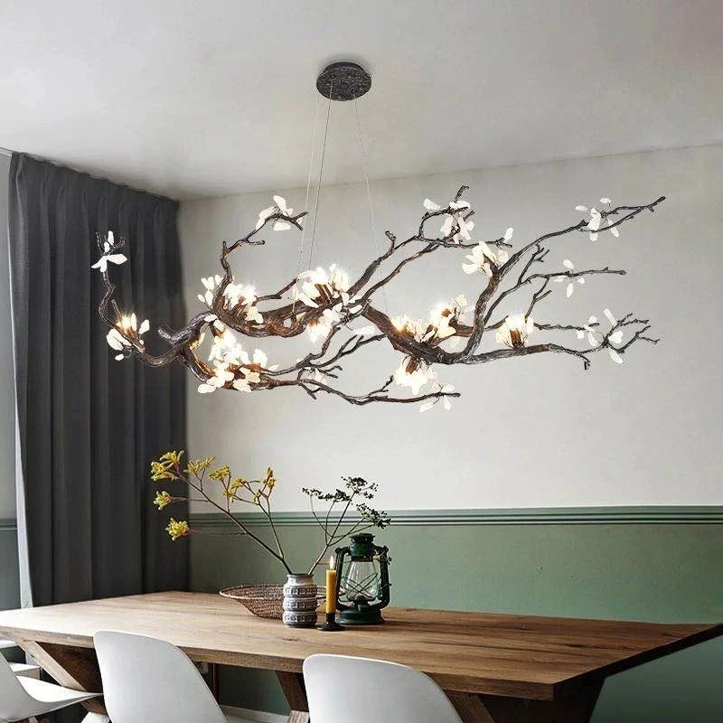 Alba Tree Branch Chandelier — copper framework with stone blossom light points