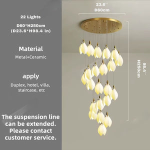 Ceramic Magnolia Staircase Chandelier 6/9/18/36 Lights  Seus Lighting