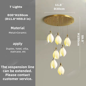 Ceramic Magnolia Staircase Chandelier 6/9/18/36 Lights  Seus Lighting