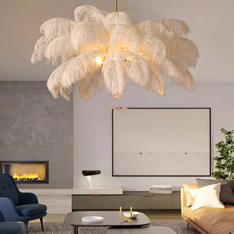 Divas Modern White Ostrich Feather Chandelier  Seus Lighting