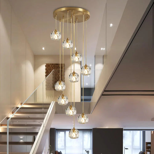 Gold Crystal Ball Chandelier for High Ceiling and Staircase