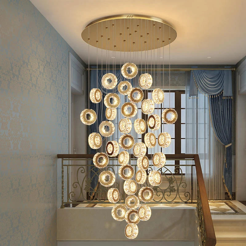 Gold Crystal Spiral Chandelier for Staircase Foyer 7 Lights Golden Cold White