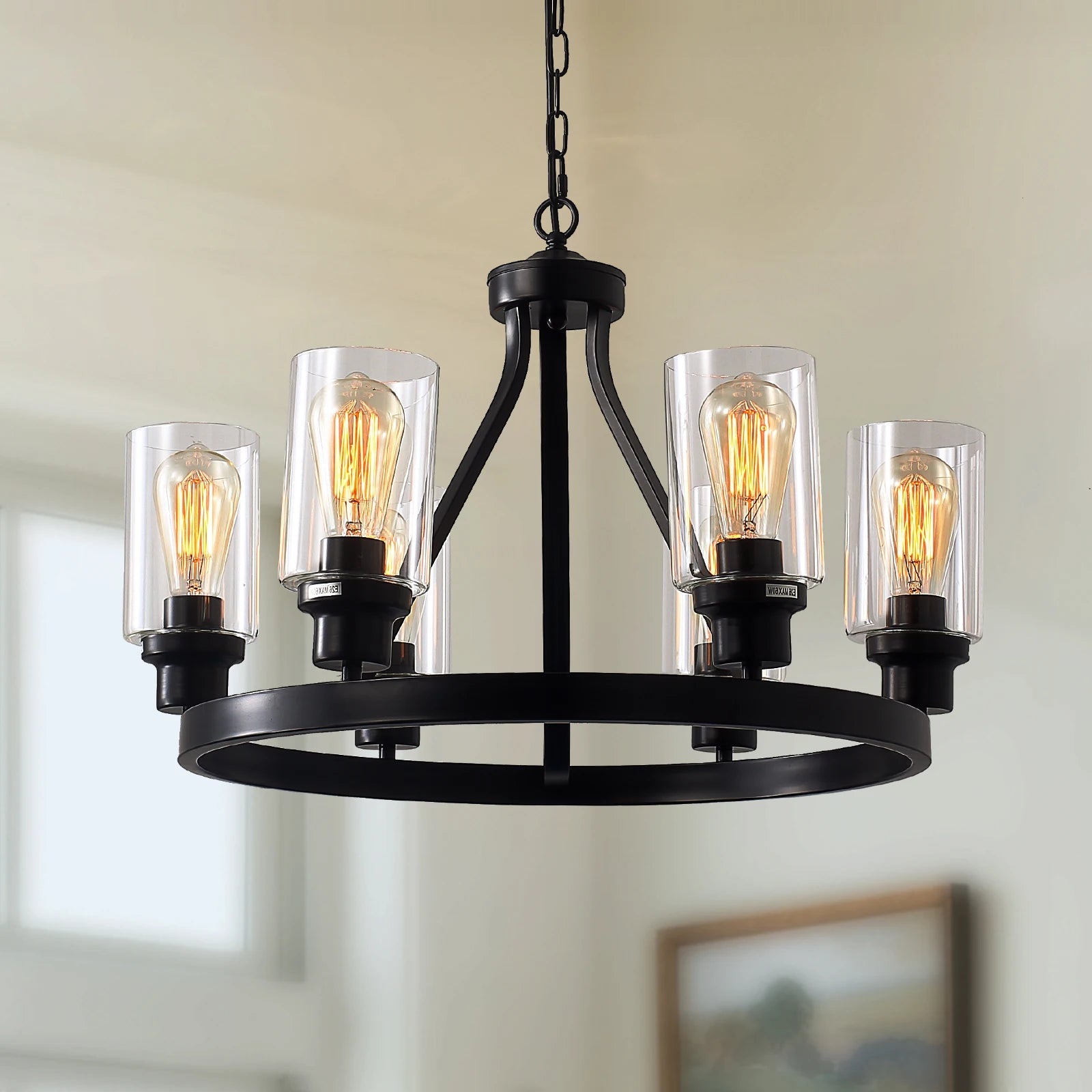 Jeshi 6-Lights Black Iron Wagon Wheel Chandelier - Chandeliers