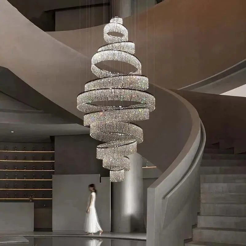 Luxury Crystal Grand Staircase Chandelier 11-Rings-Chrome-Warm-Light Seus Lighting