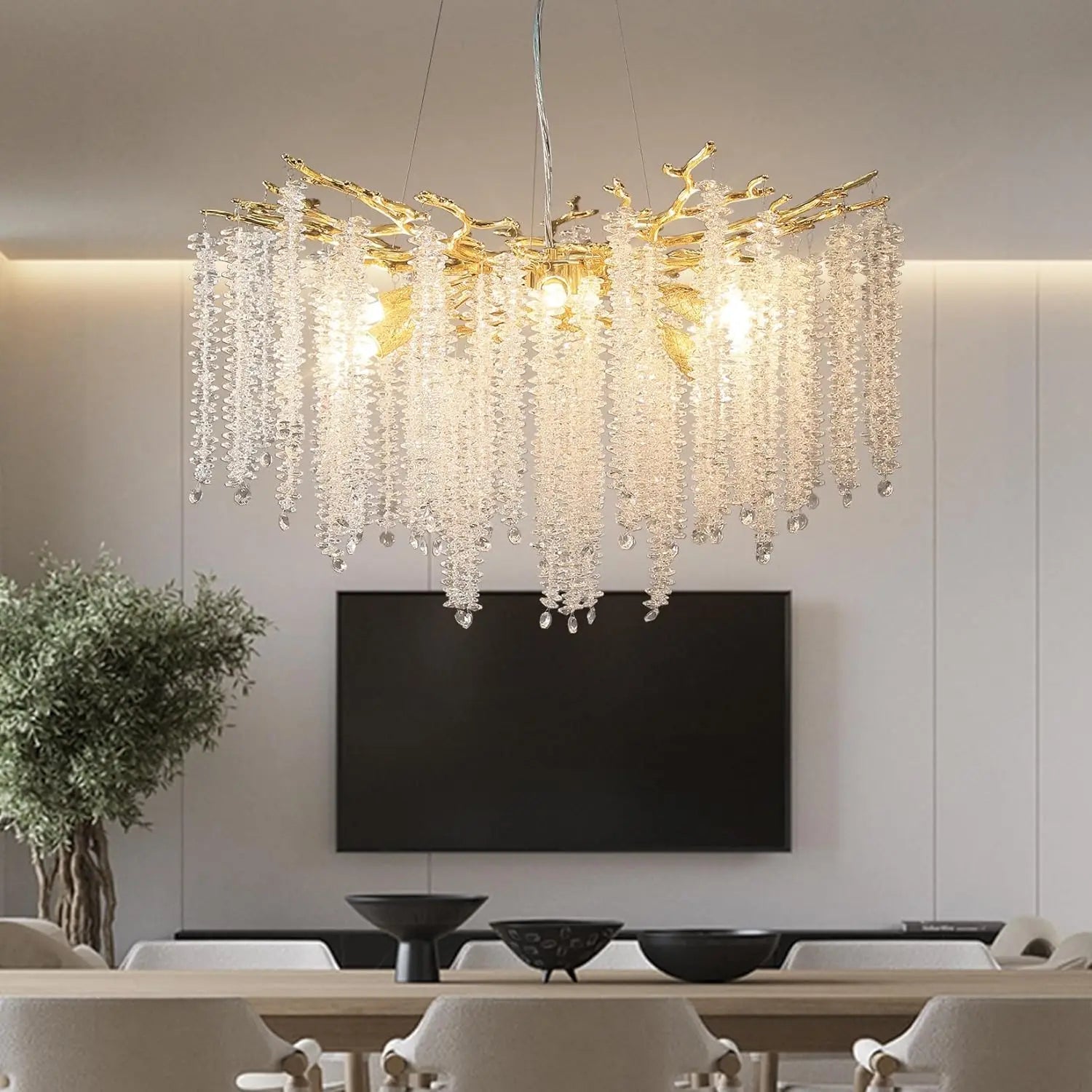 Mia Luxury Round Branch Crystal Ceiling Chandelier - 8 Lights / Gold - Chandeliers