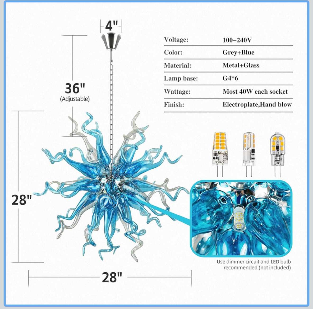 Modern Aqua Blue Glass Chandelier  Seus Lighting