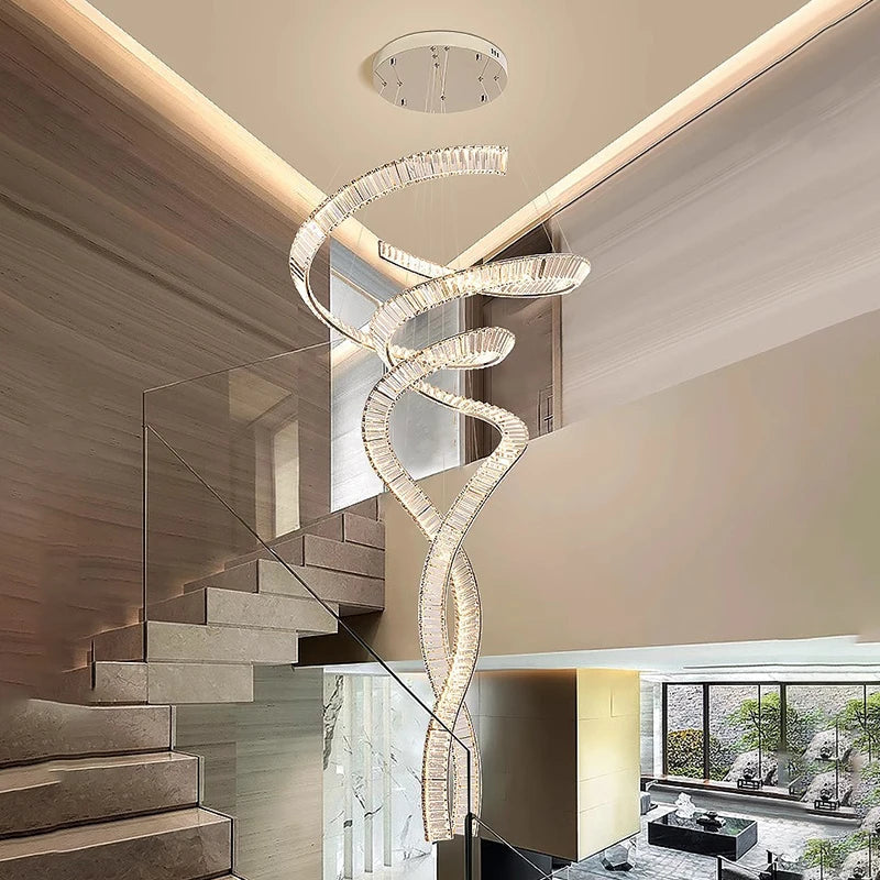 Modern Crystal Light Fixture for Staircase & Foyer & High Ceiling Silver 59.06” ( 150 cm ) / Remote Control Seus Lighting