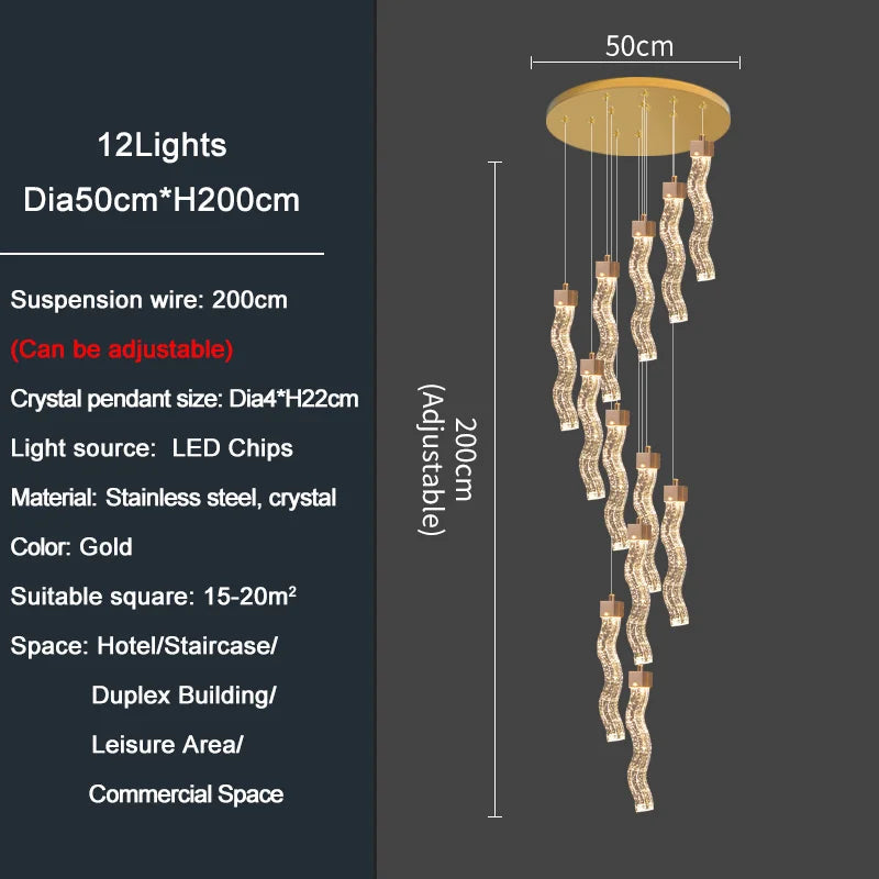 Modern Gold Long Crystal Hanging Light Fixture for Staircase  Seus Lighting