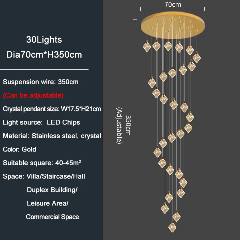 Modern Gold Long Spiral Crystal Chandelier for Staircase - Chandeliers