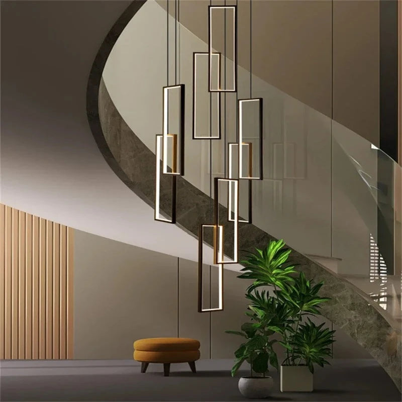 Modern Large Vertical Rectangle Chandelier in Staircase Setting