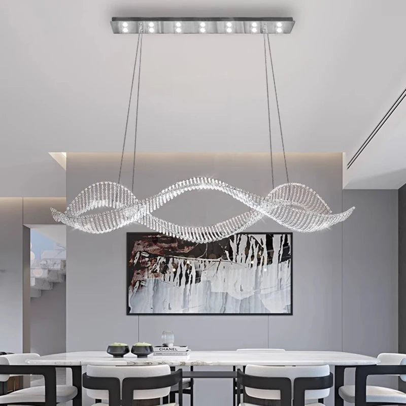 Modern Wave Crystal Chandelier Over Dining Table  Seus Lighting