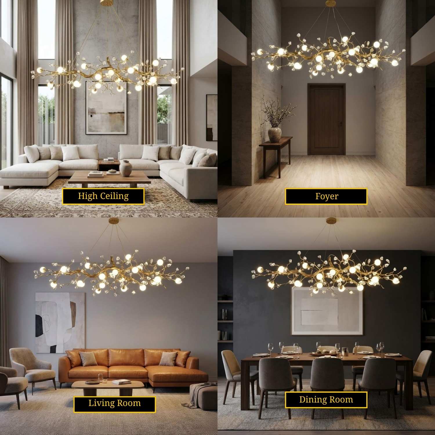 Linear branch chandelier over modern kitchen island
