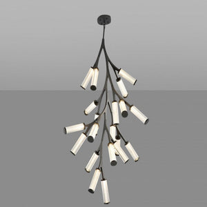 Modern chandelier with multiple cylindrical lights on a gray background