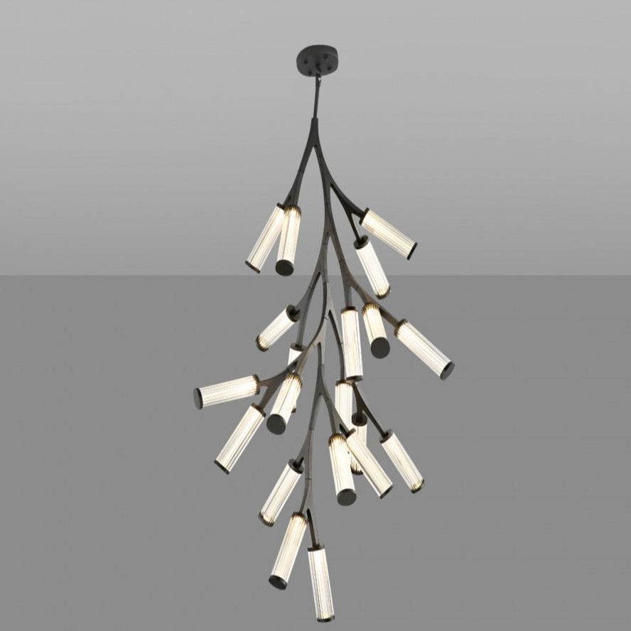Modern chandelier with multiple cylindrical lights on a gray background