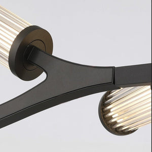 Close-up of a modern ceiling light fixture with black metal arm and glass shades.