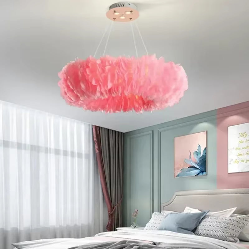 Round Feather Chandelier - White & Pink & Gray & Yellow Pink / 31.49” (80 cm) / White Light 6000k Seus Lighting