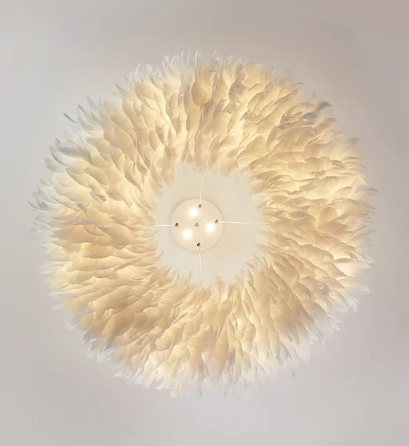 Round Feather Chandelier - White & Pink & Gray & Yellow  Seus Lighting