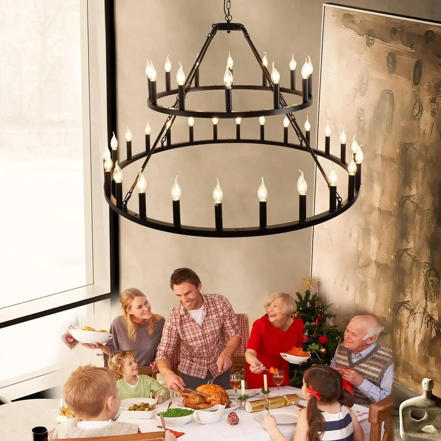 Rustic 48 inch 2 Tier Wagon Wheel Chandelier Seus Lighting