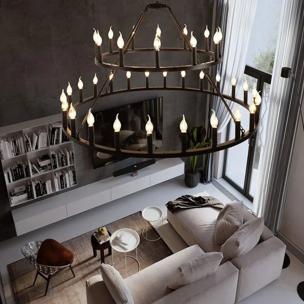 Rustic 48-inch 2-Tier Wagon Wheel Chandelier as a farmhouse foyer lighting idea