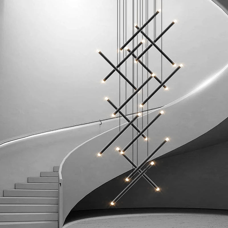 Modern Long Chandelier in Staircase Setting