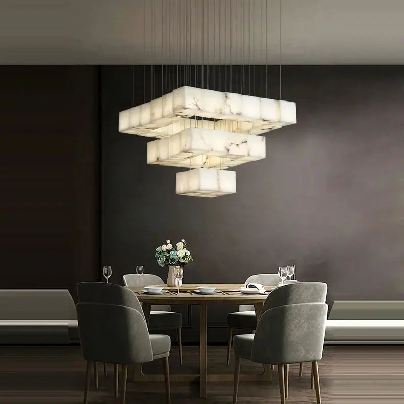 White Marble LED Cube Chandelier  Seus Lighting