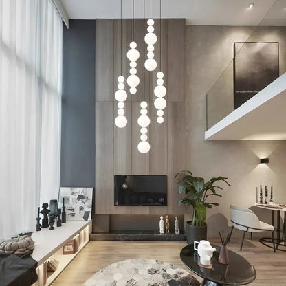 White Multi Globe Pendant Light for Staircase High Ceiling 3 Strings