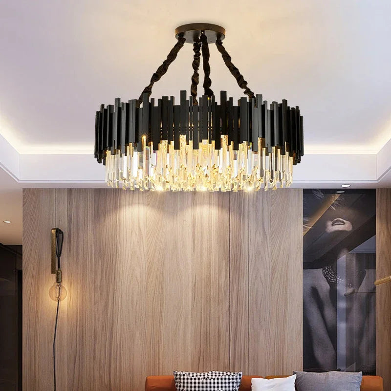Zen Modern Round Black and Gold Crystal Chandelier